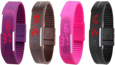 

NS18 Silicone Led Magnet Band Combo of 4 Purple, Brown, Pink And Black Watch - For Boys & Girls
