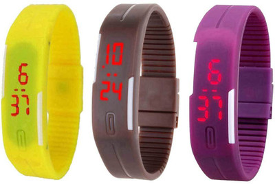 

NS18 Silicone Led Magnet Band Combo of 3 Yellow, Brown And Purple Watch - For Boys & Girls