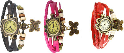 

Kissu Vintage Rakhi Watch Combo of 3 Black, Pink And Red Watch - For Women