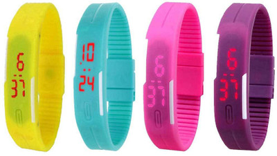 

NS18 Silicone Led Magnet Band Watch Combo of 4 Yellow, Sky Blue, Pink And Purple Watch - For Couple
