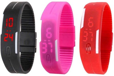 NS18 Silicone Led Magnet Band Combo of 3 Black, Pink And Red Digital Watch  - For Boys & Girls   Watches  (NS18)