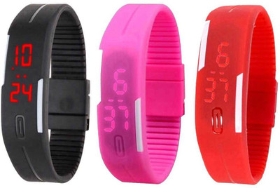 

NS18 Silicone Led Magnet Band Combo of 3 Black, Pink And Red Watch - For Boys & Girls