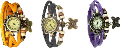 

NS18 Vintage Butterfly Rakhi Watch Combo of 3 Yellow, Black And Purple Watch - For Women