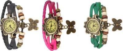 NS18 Vintage Butterfly Rakhi Watch Combo of 3 Black, Pink And Green Analog Watch  - For Women   Watches  (NS18)