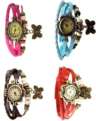 NS18 Vintage Butterfly Rakhi Combo of 4 Pink, Brown, Sky Blue And Red Analog Watch  - For Women   Watches  (NS18)