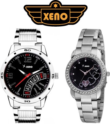 Xeno 28-423 Chronograph Pattern Date Day Type Silver Metal Black Dial Men's Diamond Studded Women's Watch  - For Couple   Watches  (Xeno)