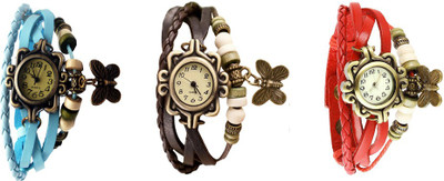 

Kissu Vintage Rakhi Watch Combo of 3 Sky Blue, Brown And Red Watch - For Women