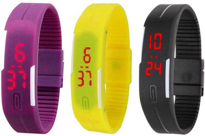 

RSN Silicone Led Magnet Band Combo of 3 Purple, Yellow And Black Watch - For Men & Women
