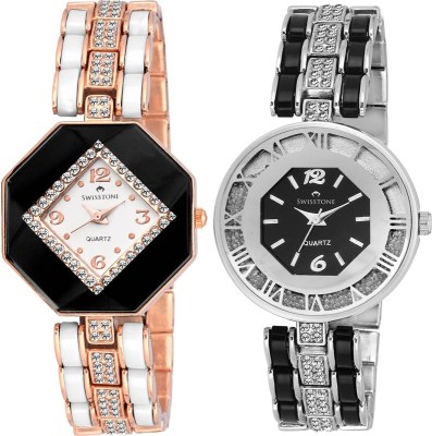 Swisstone CREM609-WHT-GOLD & CREM512-BLK-SLV Analog Watch  - For Women   Watches  (Swisstone)