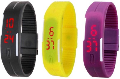 NS18 Silicone Led Magnet Band Combo of 3 Black, Yellow And Purple Digital Watch  - For Boys & Girls   Watches  (NS18)