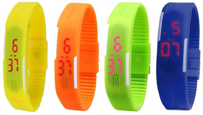 

NS18 Silicone Led Magnet Band Combo of 4 Yellow, Orange, Green And Blue Watch - For Boys & Girls