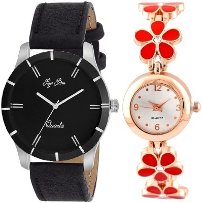 Pappi Boss Pack of 2 Leather Strap Sober Black & Red Flower Golden Chain Bracelet Casual Couple Analog Watch  - For Men & Women   Watches  (Pappi Boss)