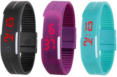 NS18 Silicone Led Magnet Band Combo of 3 Black, Purple And Sky Blue Digital Watch  - For Boys & Girls   Watches  (NS18)