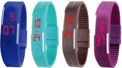Kissu Led Magnet Band Combo of 4 Blue, Sky Blue, Brown And Purple Watch - For Men & Women