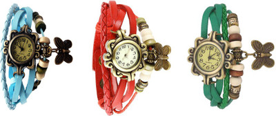 

NS18 Vintage Butterfly Rakhi Watch Combo of 3 Sky Blue, Red And Green Watch - For Women