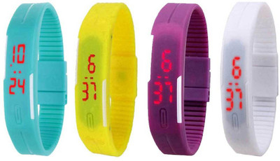 

NS18 Silicone Led Magnet Band Combo of 4 Sky Blue, Yellow, Purple And White Watch - For Boys & Girls