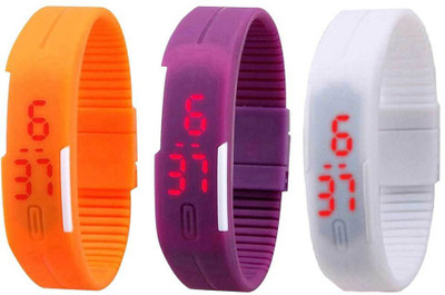 

NS18 Silicone Led Magnet Band Combo of 3 Orange, Purple And White Watch - For Boys & Girls