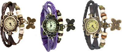 

NS18 Vintage Butterfly Rakhi Watch Combo of 3 Brown, Purple And Black Watch - For Women