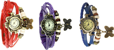 

NS18 Vintage Butterfly Rakhi Watch Combo of 3 Red, Purple And Blue Watch - For Women