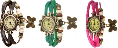 

Kissu Vintage Rakhi Watch Combo of 3 Brown, Green And Pink Watch - For Women