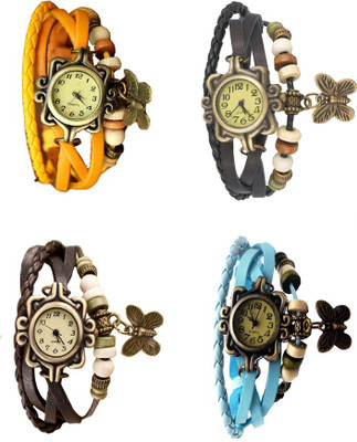 

Kissu Vintage Rakhi Combo of 4 Yellow, Brown, Black And Sky Blue Watch - For Women
