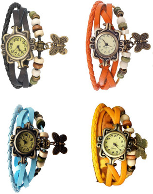 

Kissu Vintage Rakhi Combo of 4 Black, Sky Blue, Orange And Yellow Watch - For Women