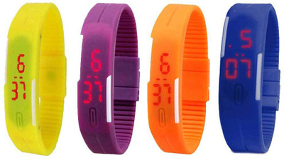 

NS18 Silicone Led Magnet Band Combo of 4 Yellow, Purple, Orange And Blue Watch - For Boys & Girls