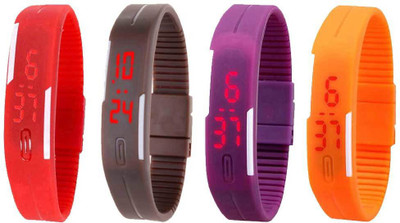 

NS18 Silicone Led Magnet Band Combo of 4 Red, Brown, Purple And Orange Watch - For Boys & Girls