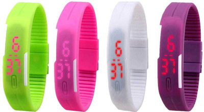 

NS18 Silicone Led Magnet Band Watch Combo of 4 Green, Pink, White And Purple Watch - For Couple
