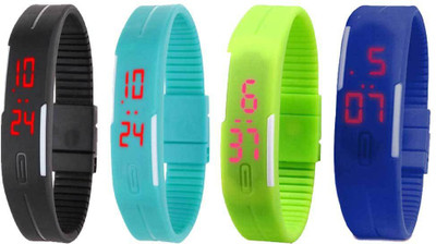 

NS18 Silicone Led Magnet Band Combo of 4 Black, Sky Blue, Green And Blue Watch - For Boys & Girls