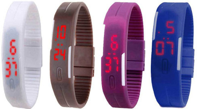

NS18 Silicone Led Magnet Band Combo of 4 White, Brown, Purple And Blue Watch - For Boys & Girls