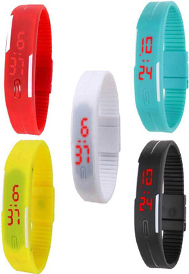 

NS18 Silicone Led Magnet Band Combo of 5 Red, Sky Blue, White, Yellow And Black Watch - For Boys & Girls