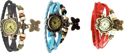 

Kissu Vintage Rakhi Watch Combo of 3 Black, Sky Blue And Red Watch - For Women