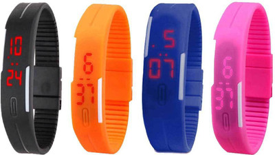 

NS18 Silicone Led Magnet Band Combo of 4 Black, Orange, Blue And Pink Watch - For Boys & Girls
