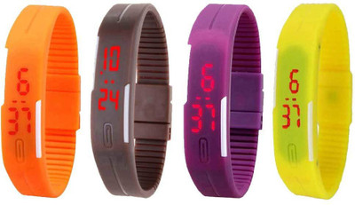 

NS18 Silicone Led Magnet Band Combo of 4 Orange, Brown, Purple And Yellow Watch - For Boys & Girls