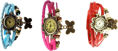 

NS18 Vintage Butterfly Rakhi Watch Combo of 3 Sky Blue, Pink And Red Watch - For Women