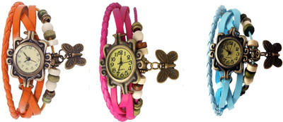

NS18 Vintage Butterfly Rakhi Watch Combo of 3 Orange, Pink And Sky Blue Watch - For Women