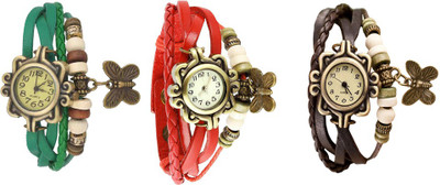 

Kissu Vintage Rakhi Watch Combo of 3 Green, Red And Brown Watch - For Women
