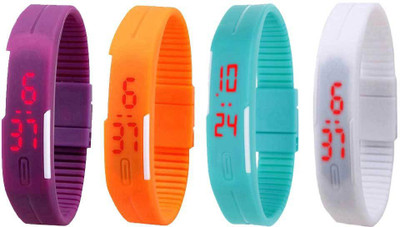 

NS18 Silicone Led Magnet Band Combo of 4 Purple, Orange, Sky Blue And White Watch - For Boys & Girls