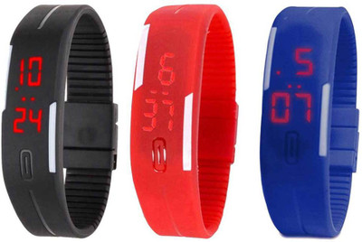 RSN Silicone Led Magnet Band Combo of 3 Black, Red And Blue Digital Watch - For Men & Women