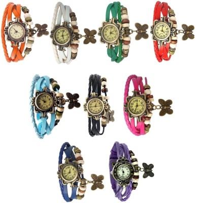 Haunt Designer Trendy Vintage Leather Set of 9 Colorful Bracelet Butterfly Analog Watch  - For Women   Watches  (Haunt)