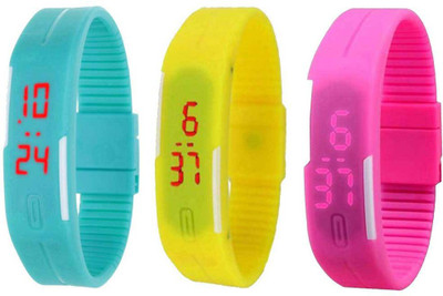 

NS18 Silicone Led Magnet Band Combo of 3 Sky Blue, Yellow And Pink Watch - For Boys & Girls