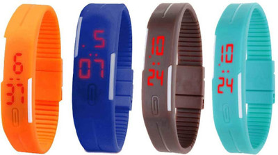 Kissu Led Magnet Band Combo of 4 Orange, Blue, Brown And Sky Blue Watch - For Men & Women