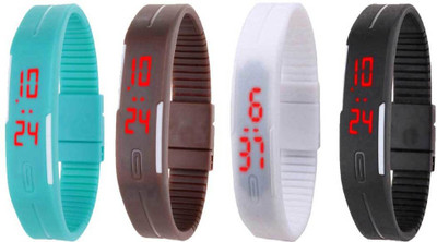 Kissu Led Magnet Band Combo of 4 Sky Blue, Brown, White And Black Watch - For Men & Women