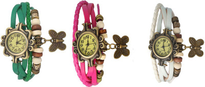 

Kissu Vintage Rakhi Watch Combo of 3 Green, Pink And White Watch - For Women