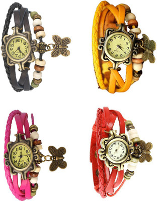 View NS18 Vintage Butterfly Rakhi Combo of 4 Black, Pink, Yellow And Red Analog Watch  - For Women Wrist Watches Price Online(NS18)