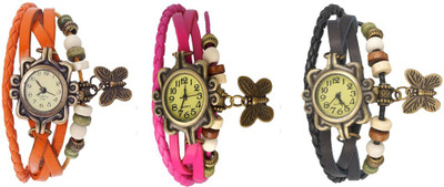 

NS18 Vintage Butterfly Rakhi Watch Combo of 3 Orange, Pink And Black Watch - For Women