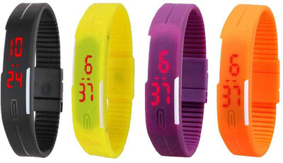 

NS18 Silicone Led Magnet Band Combo of 4 Black, Yellow, Purple And Orange Watch - For Boys & Girls