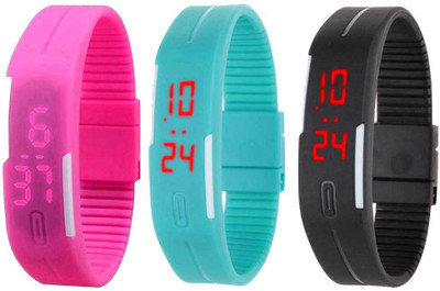 

Kissu Led Band Watch Combo of 3 Pink, Sky Blue And Black Watch - For Couple