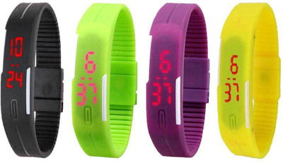 

NS18 Silicone Led Magnet Band Combo of 4 Black, Green, Purple And Yellow Watch - For Boys & Girls